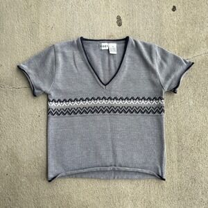 Y2K‎ Cozy Women V Neck Short Sleeve Sweater Geometric Pattern Knit Top M